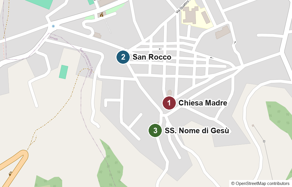 Mappa del centro di San Costantino Calabro con le tre chiese della parrocchia: Chiesa Madre, Chiesa di San Rocco, Chiesa del Santissimo Nome di Gesù.